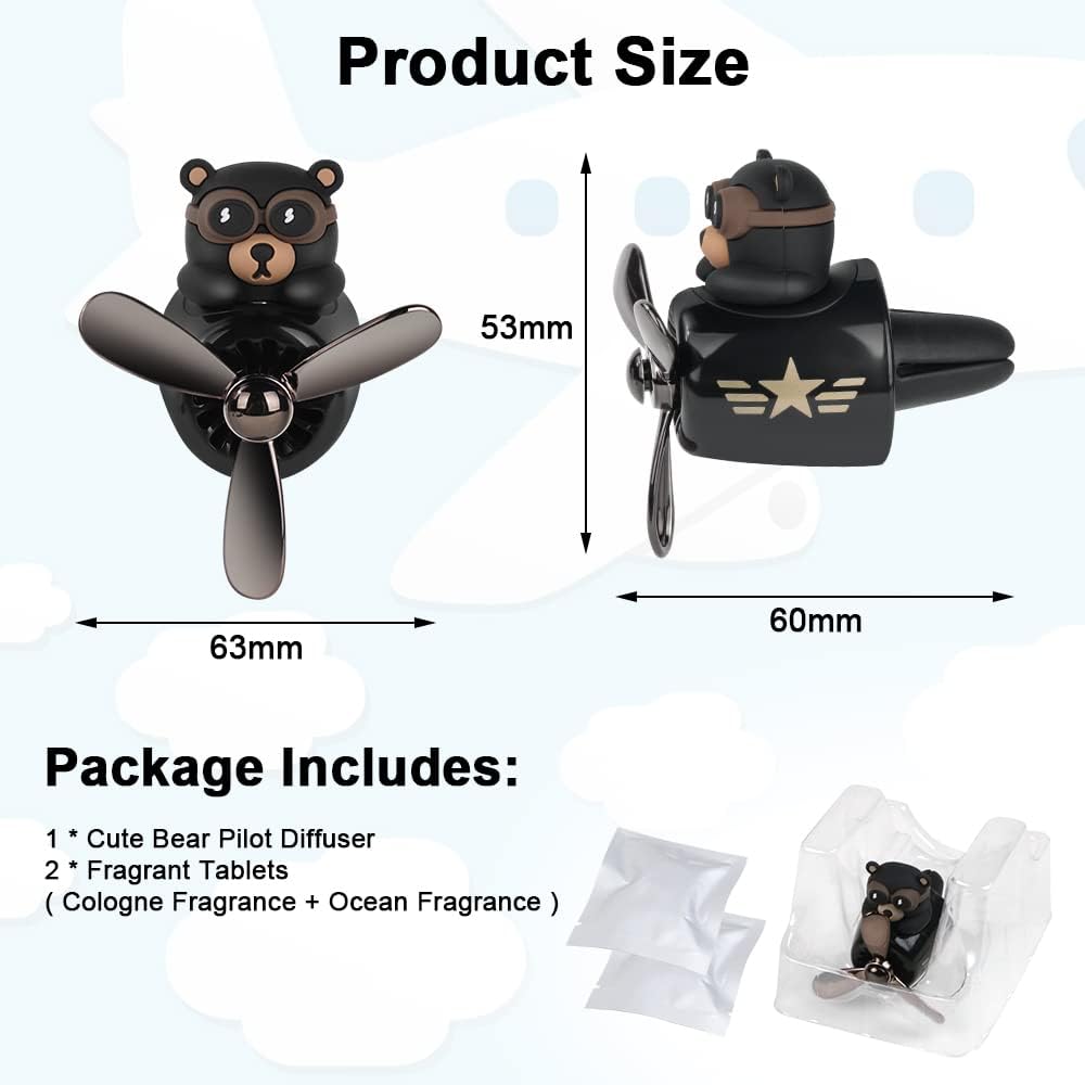 URAQT Bear Pilot Retro Airplane Car Air Freshener, Car Vent Clip on Air Freshener with 2pcs Fragrance Tablets, Personalised Air Outlet Vent Car Accessories with Rotating Propeller for Car, Fan(Black)