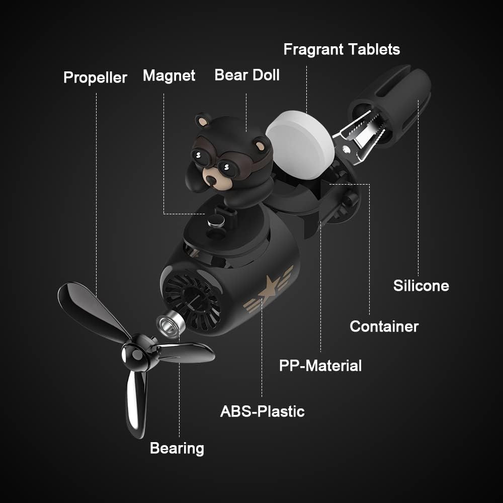 URAQT Bear Pilot Retro Airplane Car Air Freshener, Car Vent Clip on Air Freshener with 2pcs Fragrance Tablets, Personalised Air Outlet Vent Car Accessories with Rotating Propeller for Car, Fan(Black)