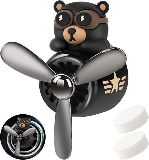 URAQT Bear Pilot Retro Airplane Car Air Freshener, Car Vent Clip on Air Freshener with 2pcs Fragrance Tablets, Personalised Air Outlet Vent Car Accessories with Rotating Propeller for Car, Fan(Black)