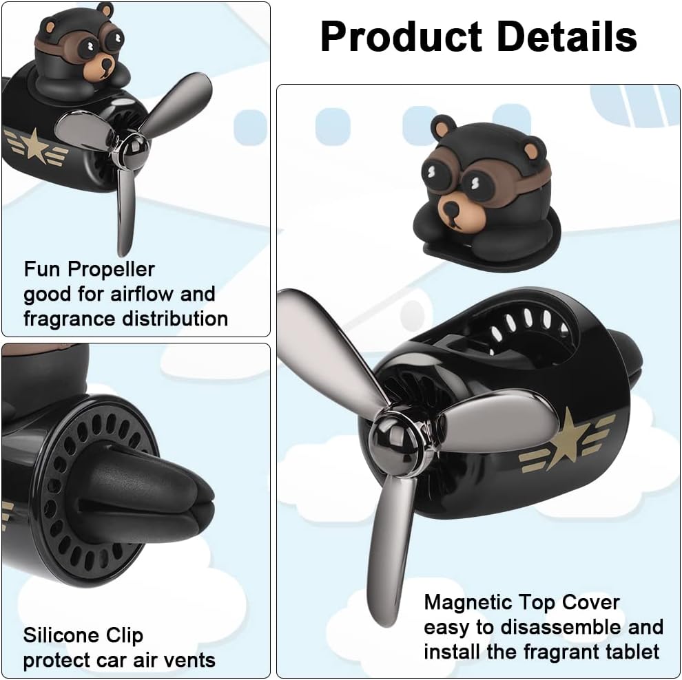 URAQT Bear Pilot Retro Airplane Car Air Freshener, Car Vent Clip on Air Freshener with 2pcs Fragrance Tablets, Personalised Air Outlet Vent Car Accessories with Rotating Propeller for Car, Fan(Black)