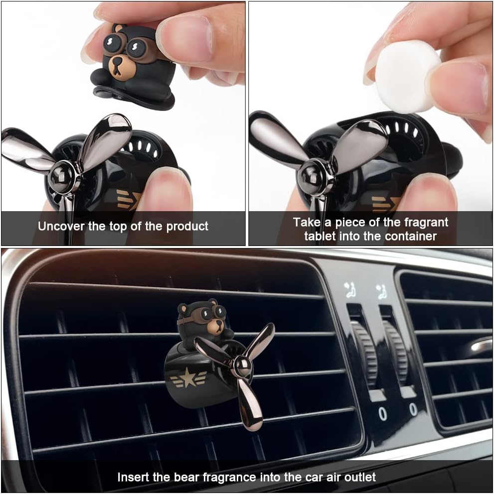URAQT Bear Pilot Retro Airplane Car Air Freshener, Car Vent Clip on Air Freshener with 2pcs Fragrance Tablets, Personalised Air Outlet Vent Car Accessories with Rotating Propeller for Car, Fan(Black)