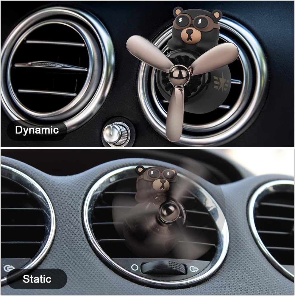 URAQT Bear Pilot Retro Airplane Car Air Freshener, Car Vent Clip on Air Freshener with 2pcs Fragrance Tablets, Personalised Air Outlet Vent Car Accessories with Rotating Propeller for Car, Fan(Black)