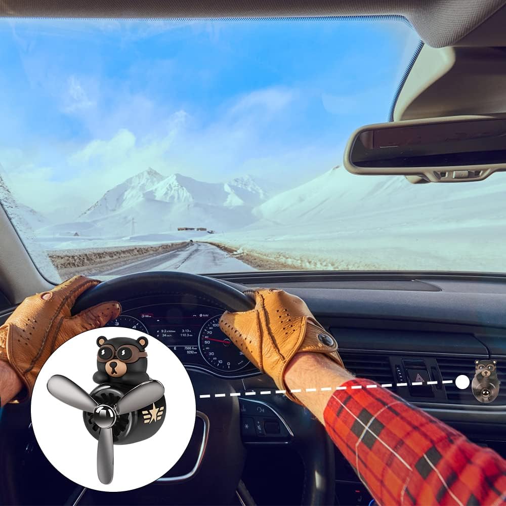URAQT Bear Pilot Retro Airplane Car Air Freshener, Car Vent Clip on Air Freshener with 2pcs Fragrance Tablets, Personalised Air Outlet Vent Car Accessories with Rotating Propeller for Car, Fan(Black)