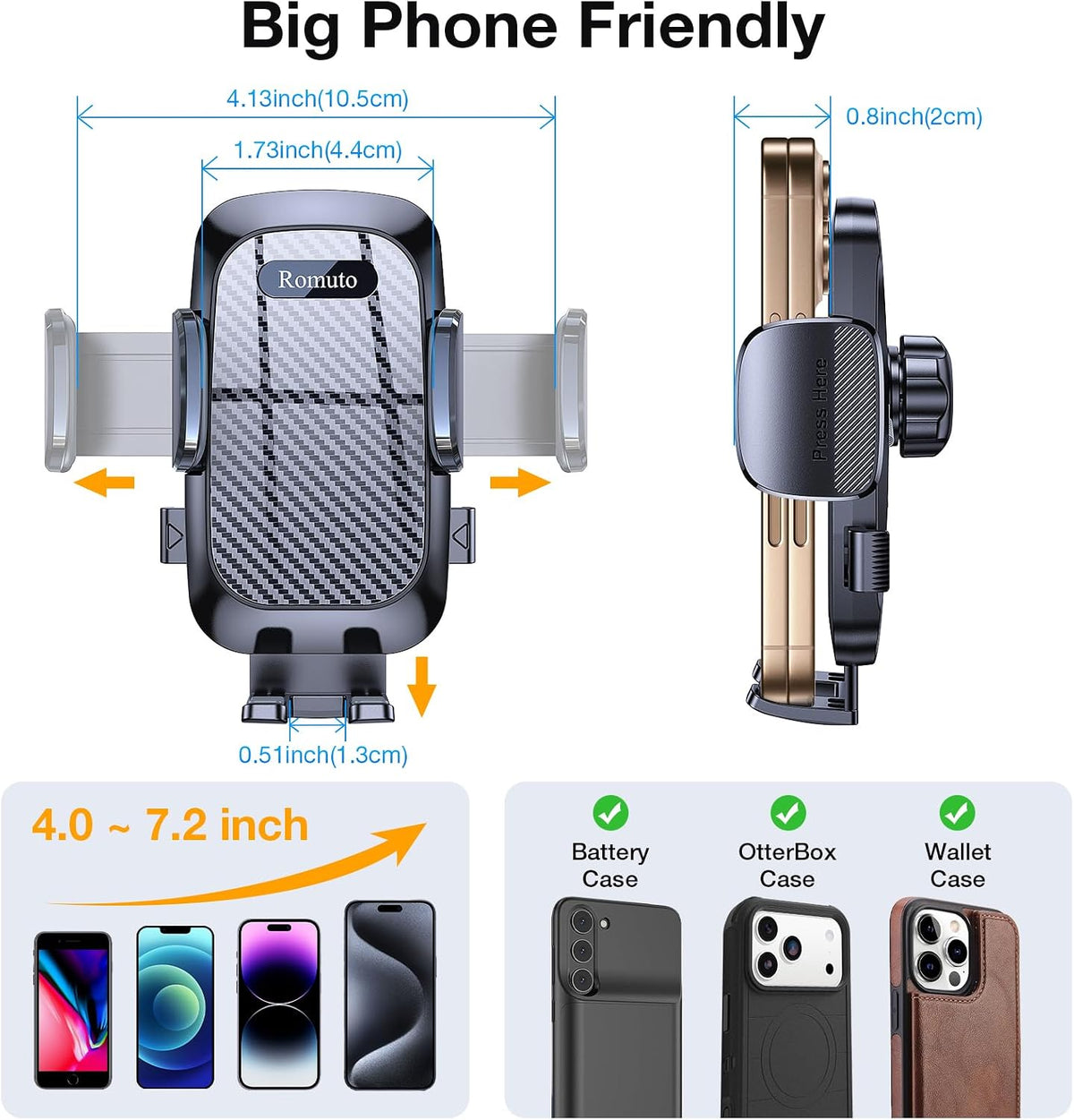 Romuto Car Phone Holder Mount【Strong Suction】Mobile Phone Holder for Cars Phone Mount for Car Vent/Windscreen/Dashboard Desktop Stand Phone Holder Van Car Accessories for Women Men for iPhone Samsung
