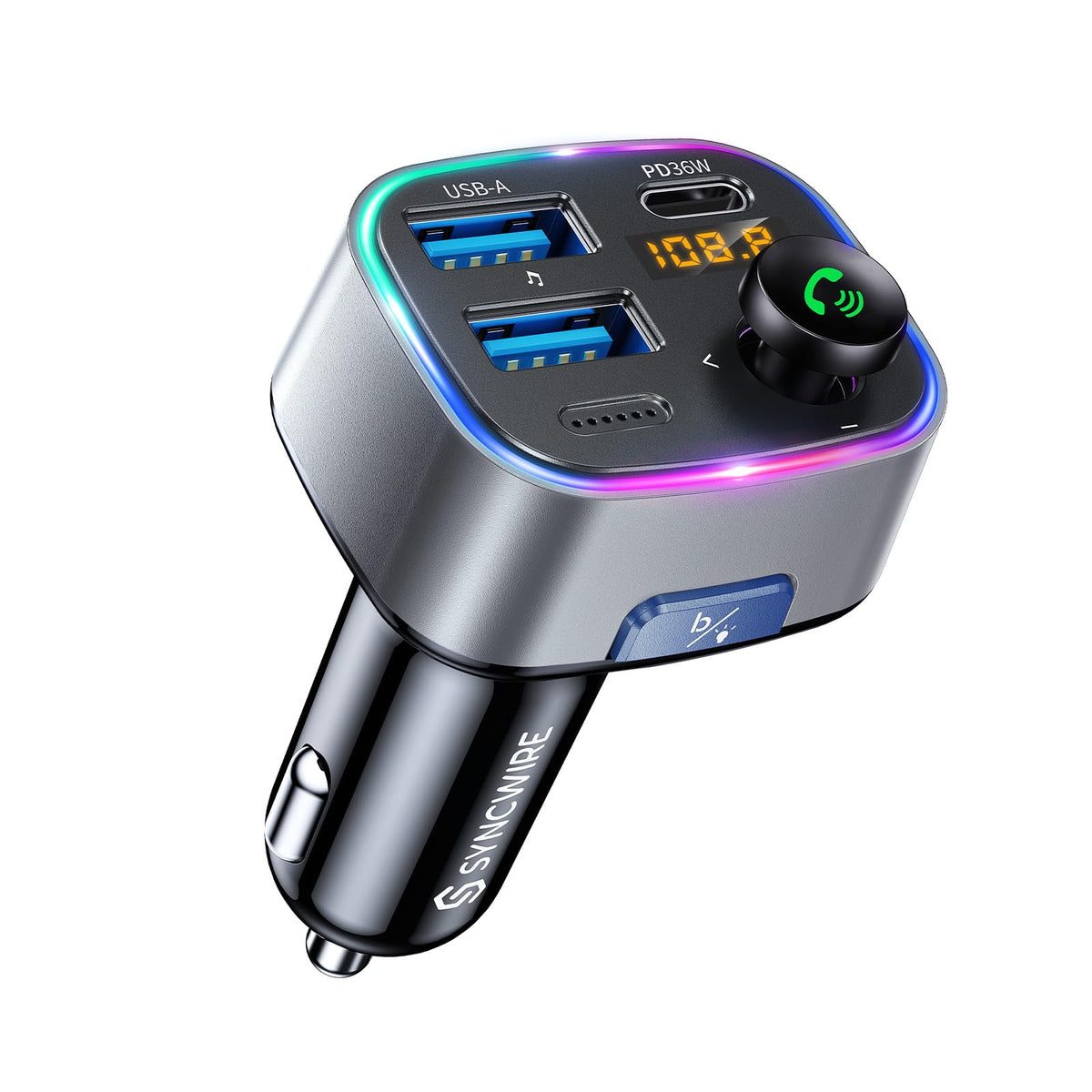 Syncwire Bluetooth 5.4 FM Transmitter Car Adapter 48W (PD 36W & 12W) | Light Switch, HiFi Bass Sound, Fast Charging, Wireless Radio Music Adapter LED Display Hands-Free Calling Support USB Drive