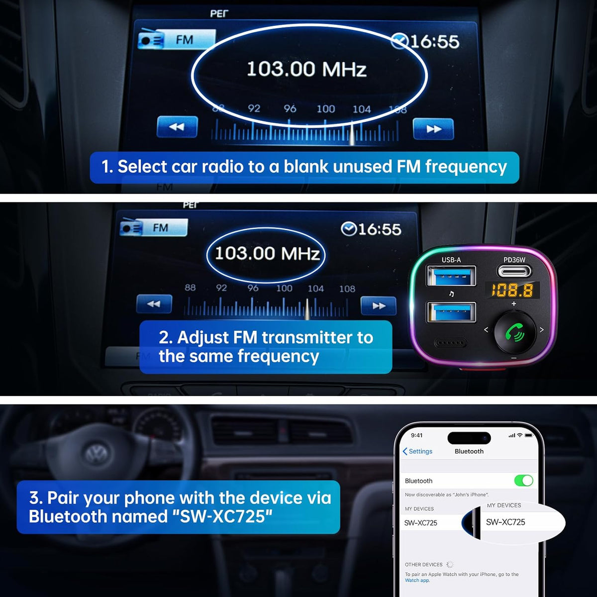 Syncwire Bluetooth 5.4 FM Transmitter Car Adapter 48W (PD 36W & 12W) | Light Switch, HiFi Bass Sound, Fast Charging, Wireless Radio Music Adapter LED Display Hands-Free Calling Support USB Drive