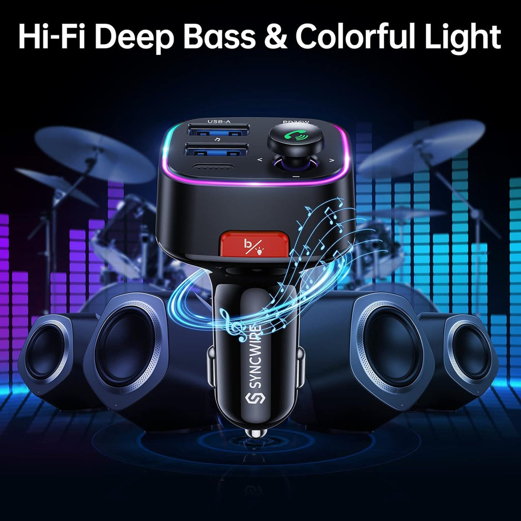 Syncwire Bluetooth 5.4 FM Transmitter Car Adapter 48W (PD 36W & 12W) | Light Switch, HiFi Bass Sound, Fast Charging, Wireless Radio Music Adapter LED Display Hands-Free Calling Support USB Drive