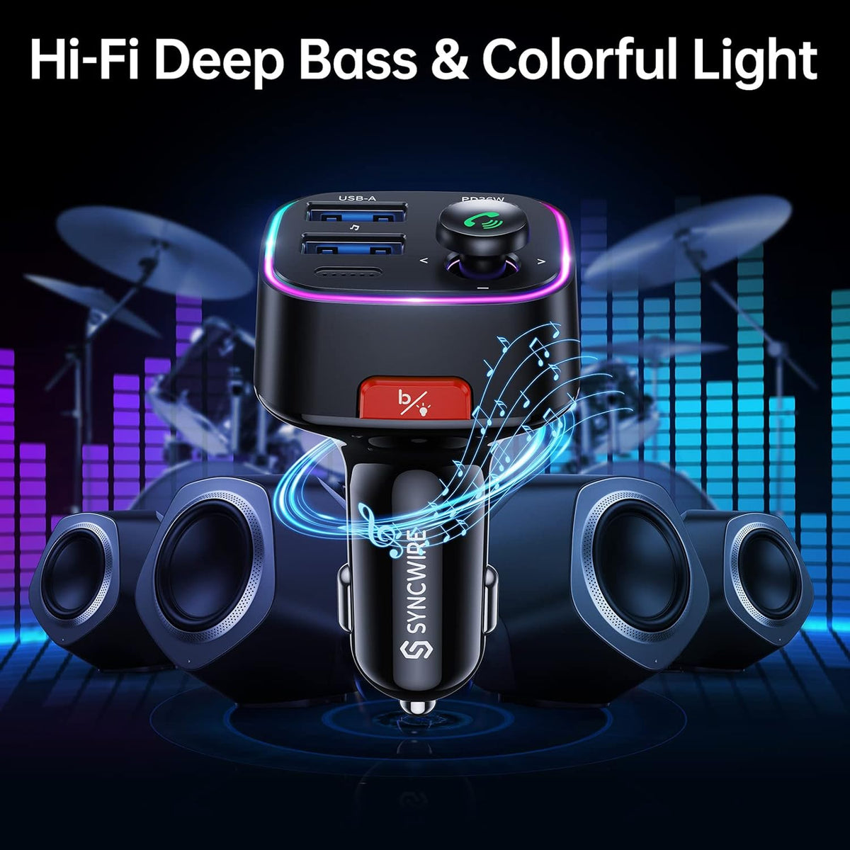 Syncwire Bluetooth 5.4 FM Transmitter Car Adapter 48W (PD 36W & 12W) | Light Switch, HiFi Bass Sound, Fast Charging, Wireless Radio Music Adapter LED Display Hands-Free Calling Support USB Drive