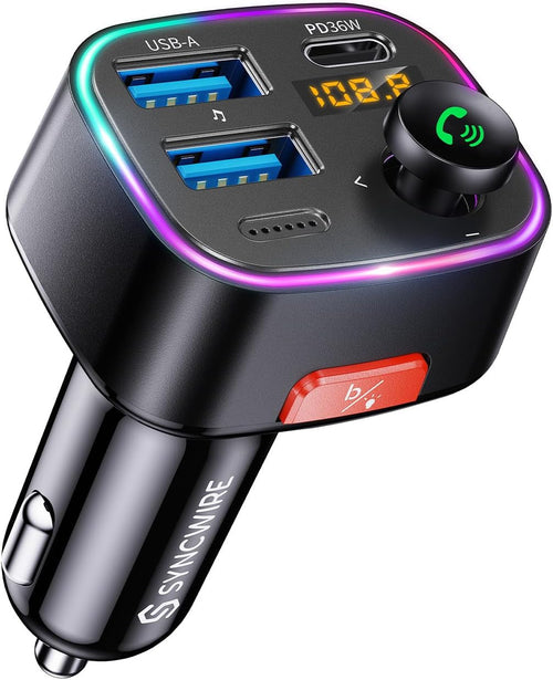 Syncwire Bluetooth 5.4 FM Transmitter Car Adapter 48W (PD 36W & 12W) | Light Switch, HiFi Bass Sound, Fast Charging, Wireless Radio Music Adapter LED Display Hands-Free Calling Support USB Drive