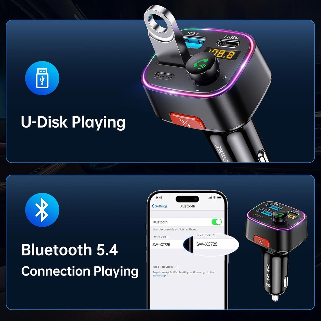 Syncwire Bluetooth 5.4 FM Transmitter Car Adapter 48W (PD 36W & 12W) | Light Switch, HiFi Bass Sound, Fast Charging, Wireless Radio Music Adapter LED Display Hands-Free Calling Support USB Drive