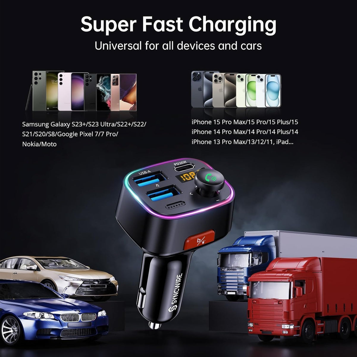Syncwire Bluetooth 5.4 FM Transmitter Car Adapter 48W (PD 36W & 12W) | Light Switch, HiFi Bass Sound, Fast Charging, Wireless Radio Music Adapter LED Display Hands-Free Calling Support USB Drive