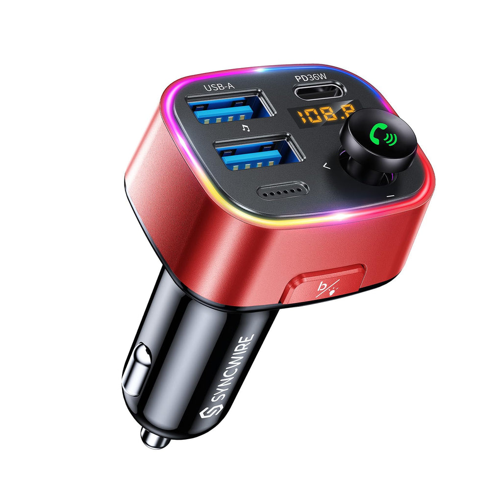Syncwire Bluetooth 5.4 FM Transmitter Car Adapter 48W (PD 36W & 12W) | Light Switch, HiFi Bass Sound, Fast Charging, Wireless Radio Music Adapter LED Display Hands-Free Calling Support USB Drive