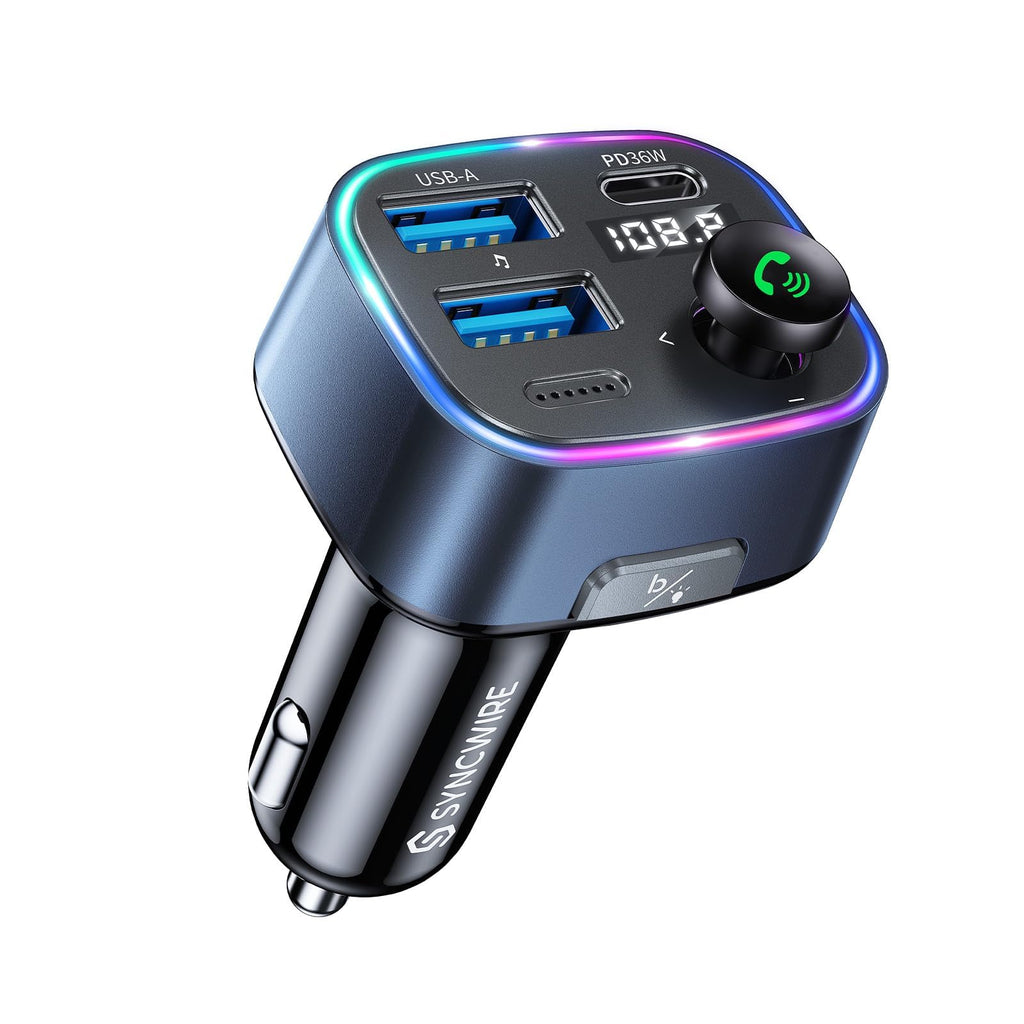 Syncwire Bluetooth 5.4 FM Transmitter Car Adapter 48W (PD 36W & 12W) | Light Switch, HiFi Bass Sound, Fast Charging, Wireless Radio Music Adapter LED Display Hands-Free Calling Support USB Drive