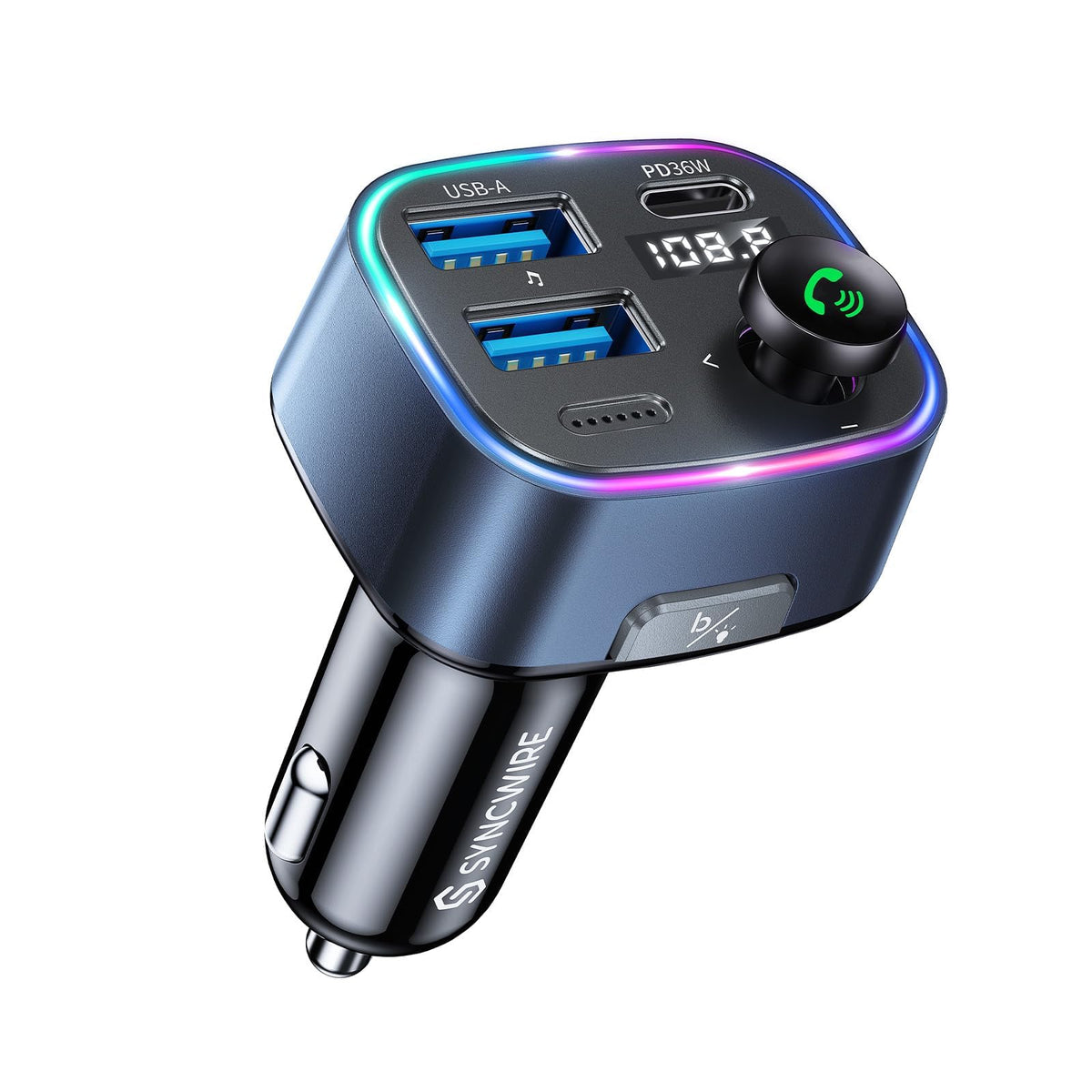 Syncwire Bluetooth 5.4 FM Transmitter Car Adapter 48W (PD 36W & 12W) | Light Switch, HiFi Bass Sound, Fast Charging, Wireless Radio Music Adapter LED Display Hands-Free Calling Support USB Drive