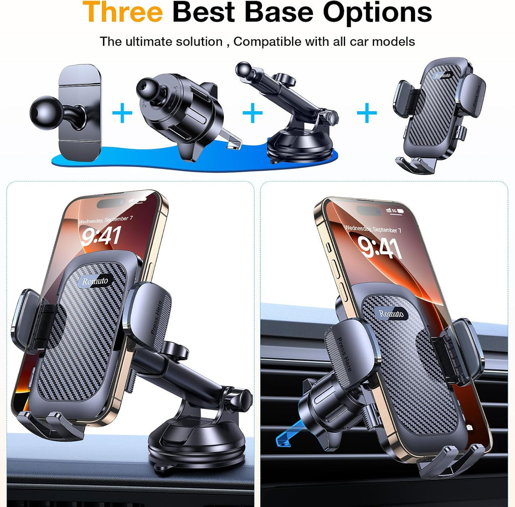 Romuto Car Phone Holder Mount【Strong Suction】Mobile Phone Holder for Cars Phone Mount for Car Vent/Windscreen/Dashboard Desktop Stand Phone Holder Van Car Accessories for Women Men for iPhone Samsung