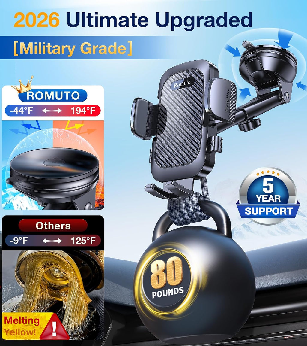 Romuto Car Phone Holder Mount【Strong Suction】Mobile Phone Holder for Cars Phone Mount for Car Vent/Windscreen/Dashboard Desktop Stand Phone Holder Van Car Accessories for Women Men for iPhone Samsung