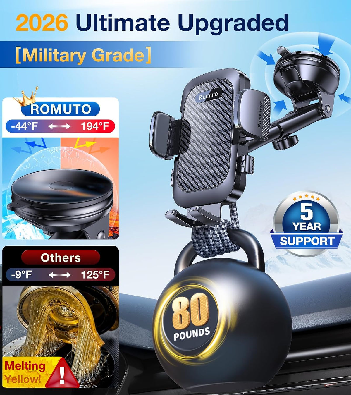 Romuto Car Phone Holder Mount【Strong Suction】Mobile Phone Holder for Cars Phone Mount for Car Vent/Windscreen/Dashboard Desktop Stand Phone Holder Van Car Accessories for Women Men for iPhone Samsung