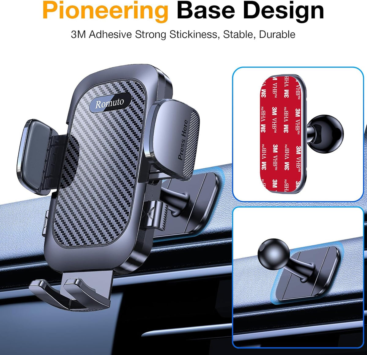 Romuto Car Phone Holder Mount【Strong Suction】Mobile Phone Holder for Cars Phone Mount for Car Vent/Windscreen/Dashboard Desktop Stand Phone Holder Van Car Accessories for Women Men for iPhone Samsung