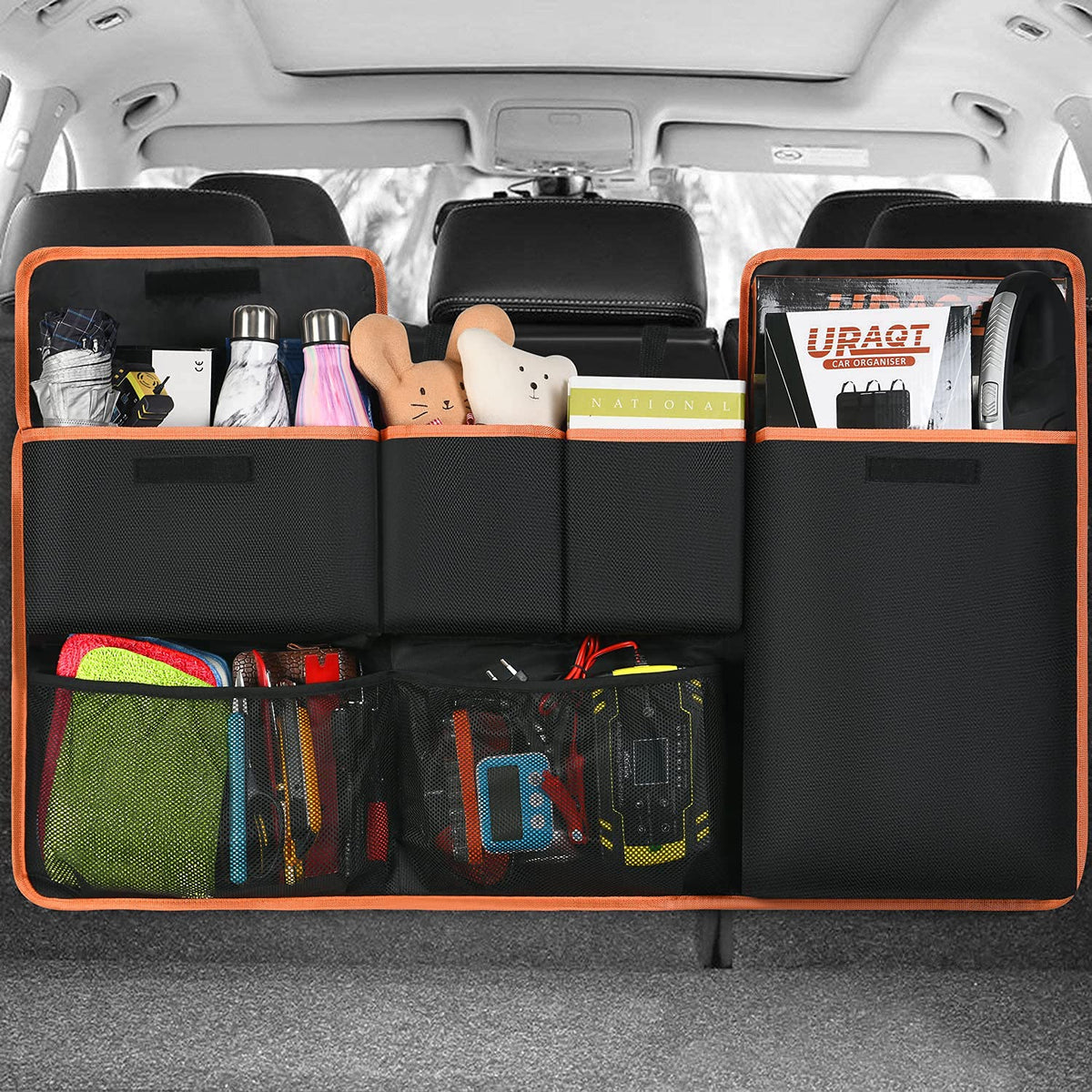 URAQT Car Boot Organiser Waterproof Kick Mats Car Organiser Seat Back Protectors, Multi-Pocket Children's Travel Storage, Durable Foldable Cargo Net Storage for Car Backseat Cover
