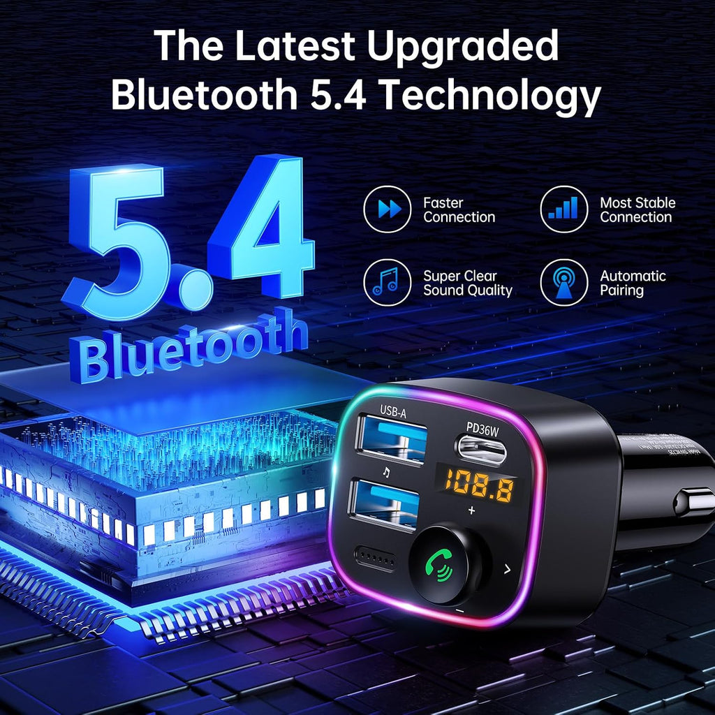 Syncwire Bluetooth 5.4 FM Transmitter Car Adapter 48W (PD 36W & 12W) | Light Switch, HiFi Bass Sound, Fast Charging, Wireless Radio Music Adapter LED Display Hands-Free Calling Support USB Drive